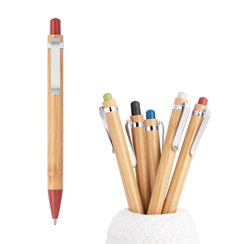 Caneta Esferográfica em Bambu com Detalhes Coloridos Volter — Conjunto