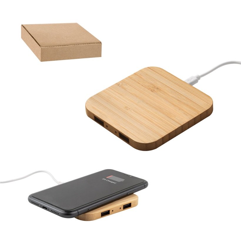 Carregador Wireless Dalton com Hub USB em Bambu — Conjunto