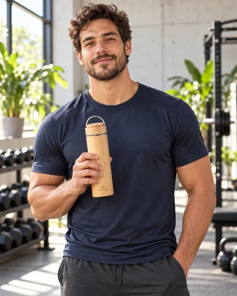 Personal trainer com garrafa Sow de bambu e marca demonstrativa em um estúdio de treino.